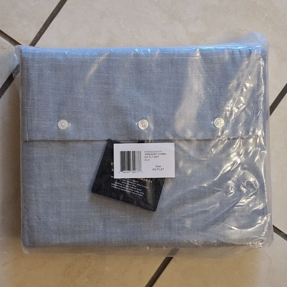 NWT Ralph Lauren King Flat Sheet Workshirt Chambray Blue